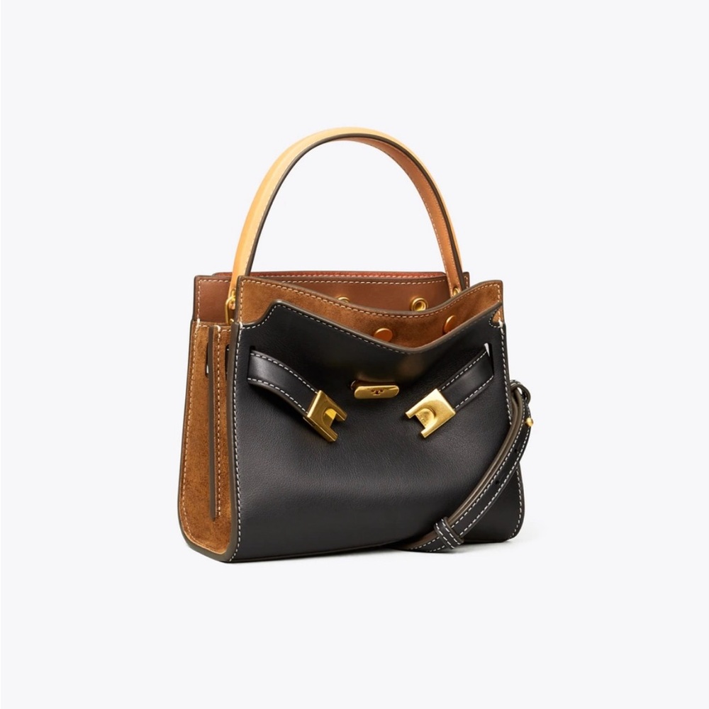 Tory Burch Black and Brown Leather Top-Handle Crossbody with Gold Hardware